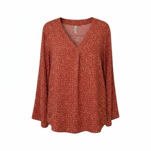 QUE ZHU Burnt Orange Printed V-Neck Blouse - Size L - Roll-Tab Sleeves